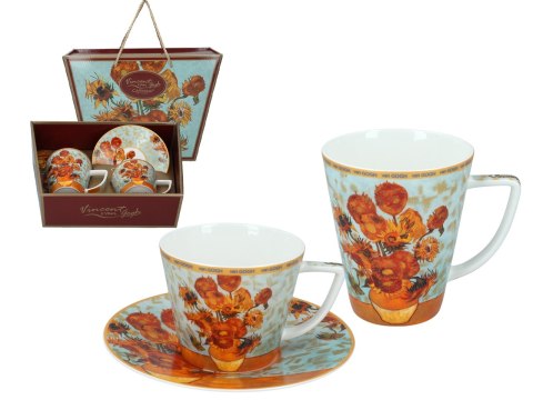 Komplet filiżanka i kubek PREMIUM - Van Gogh, Słoneczniki - Porcelana w kuferku